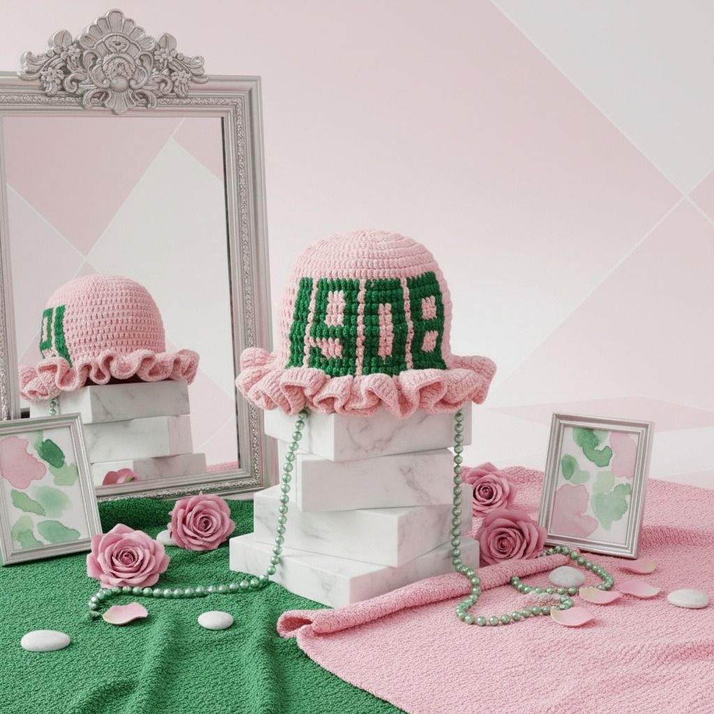 AKA Sorority Pink Crochet Ruffle 1908 Bucket Hat
