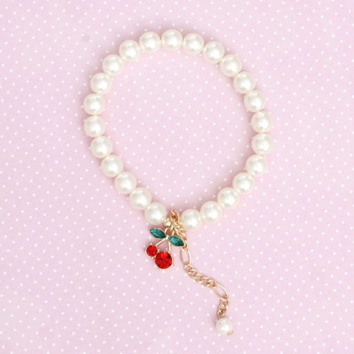 Bracelet Cream Pearl Cherry Red Chain Charm Women