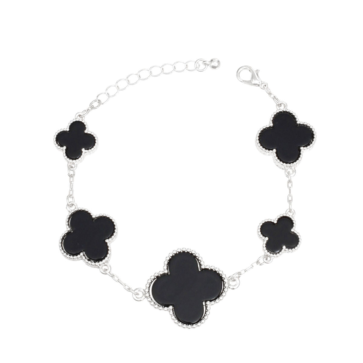 Silver Chain Bracelet with Black Quatrefoil Clover