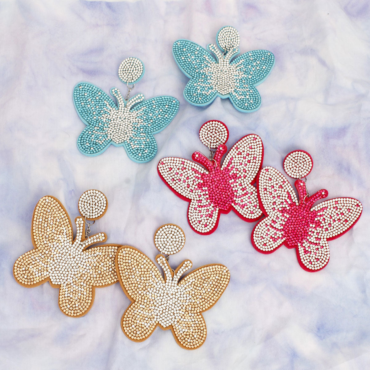 Drop Blue Butterfly Rhinestone Fabric Earrings