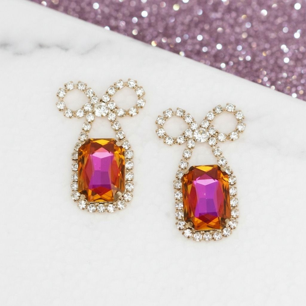 Dangle Date Night Purple Crystal Bow Earrings
