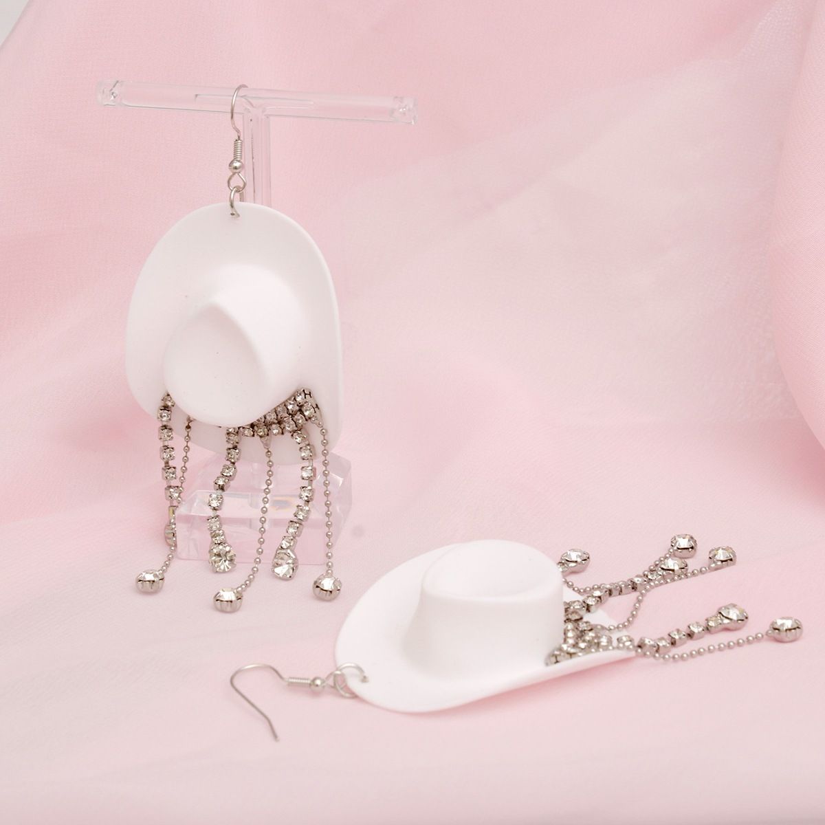Fish Hook White Cowgirl Hat Fringe Earrings