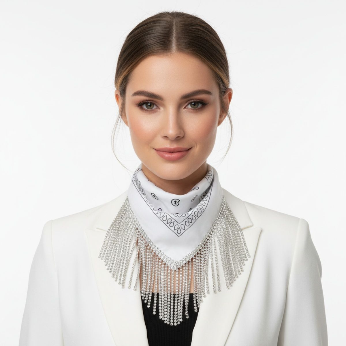 Necklace White Bandana Bling Fringe Scarf