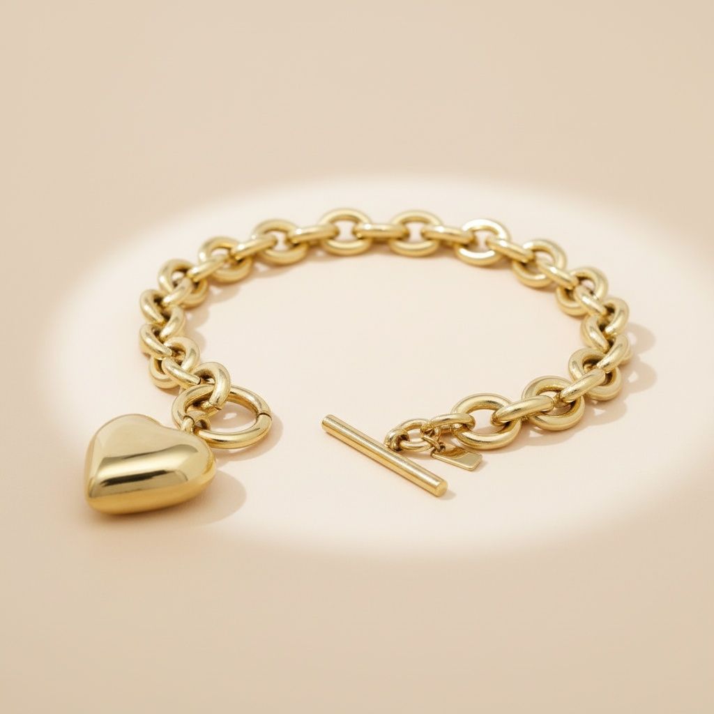 Gold 18K Steel Toggle Heart Rolo Chain Bracelet