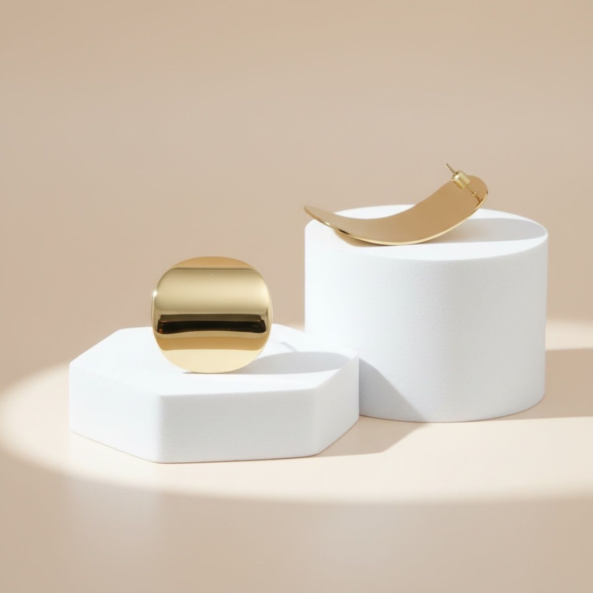18K Gold Steel Curved Rectangle Disc Stud Earrings