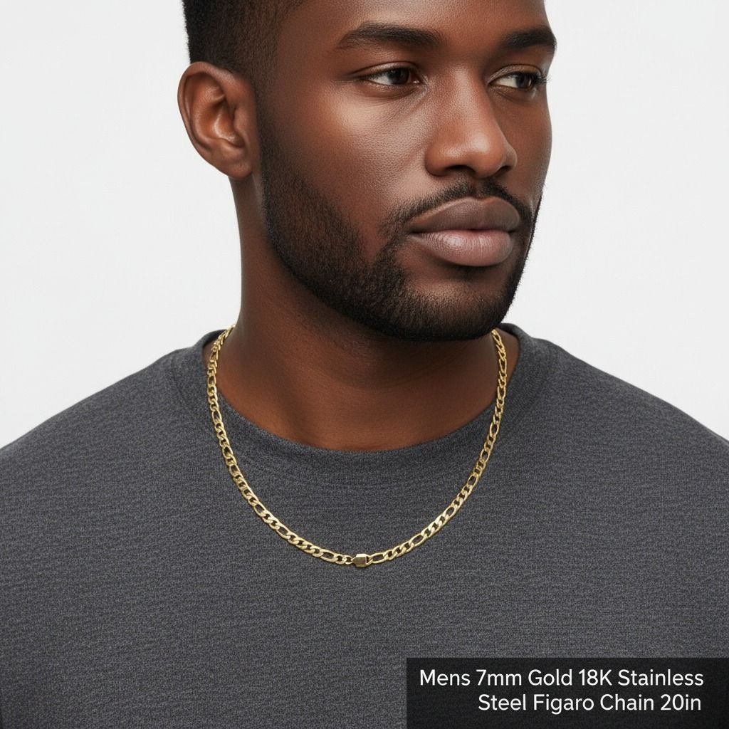 Mens 20in 7mm Gold 18K Stainless Steel Figaro Chain