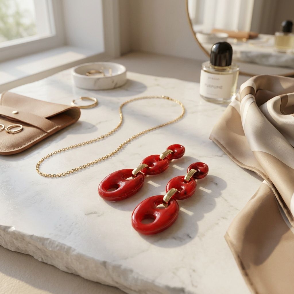 Dangle Vintage Red Resin Anchor Link Earrings