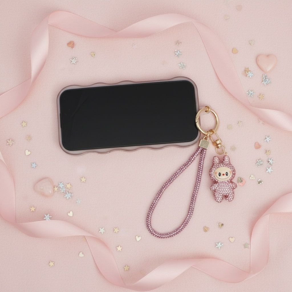 Rhinestone Phone Wrist Strap Pink Labubu Keychain