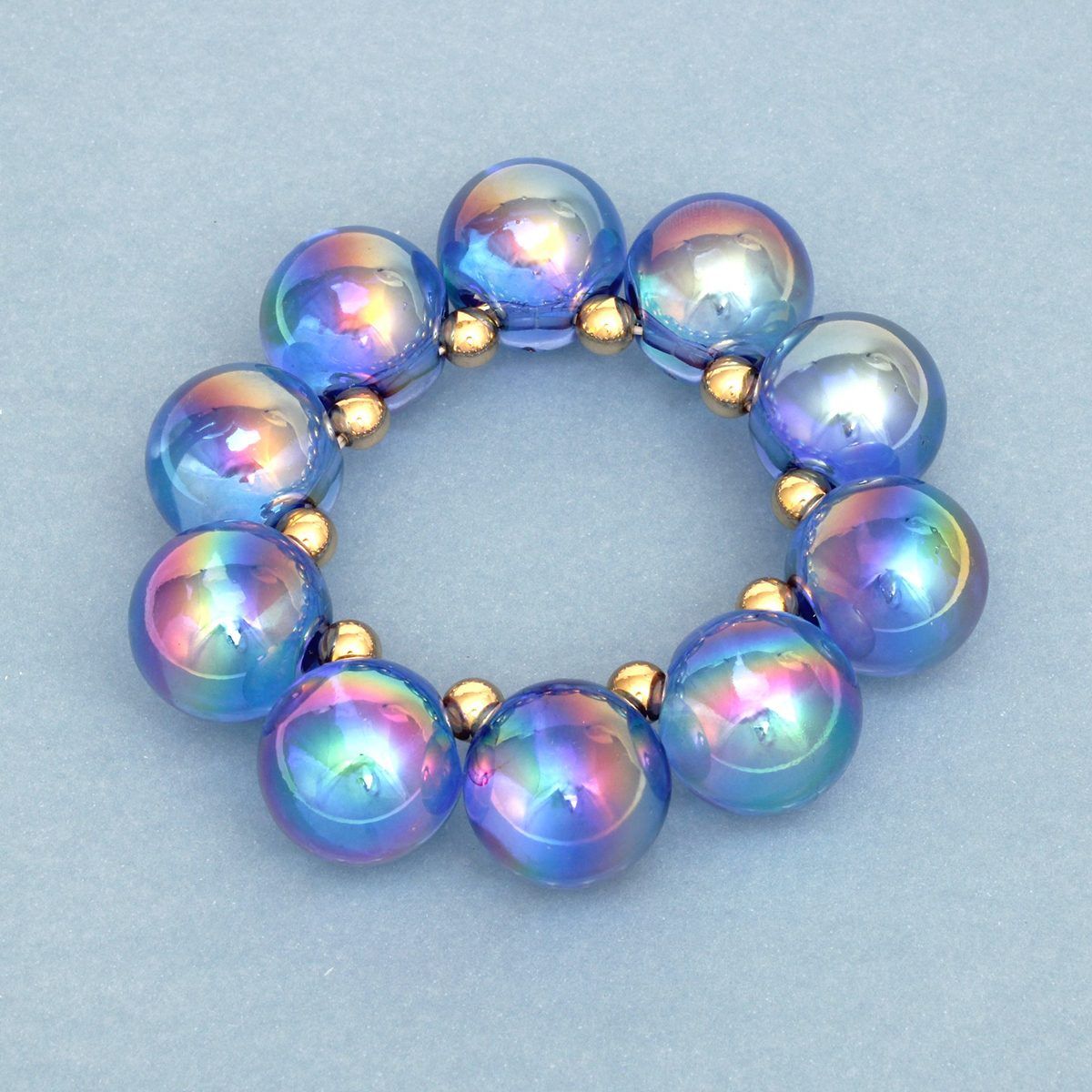 Bracelet Blue Iridescent Bubble Ball Bead Gold