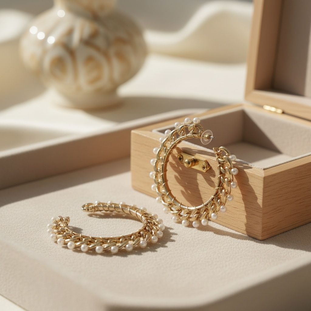 Gold Chain Open Hoops with Cream Pearl Earrings
