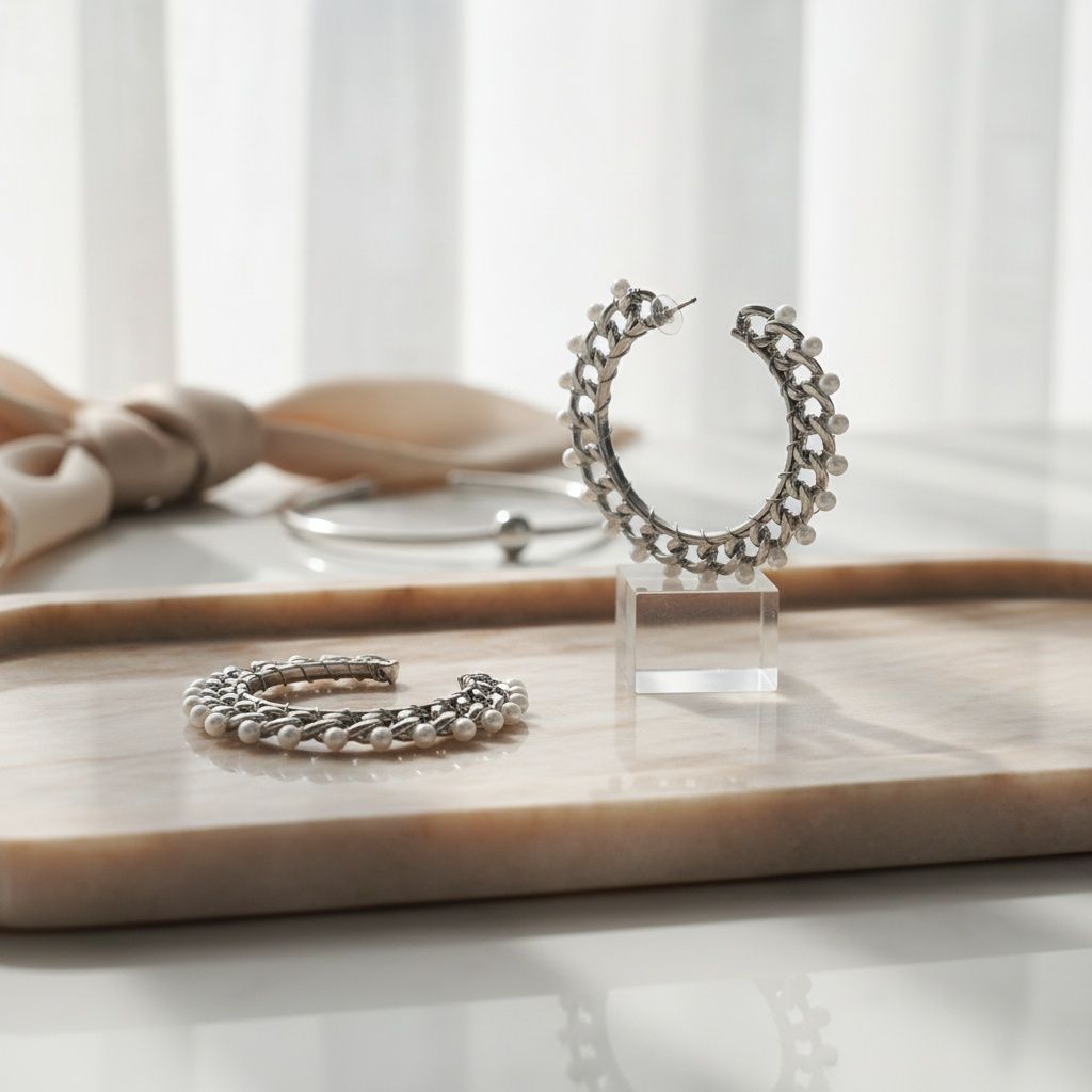 Silver Chain Open Hoops with White Pearl Earrings