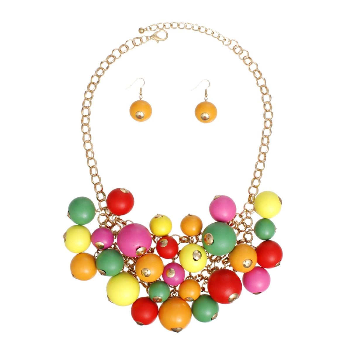 Bib Rainbow Wood Bead Cluster Necklace Women
