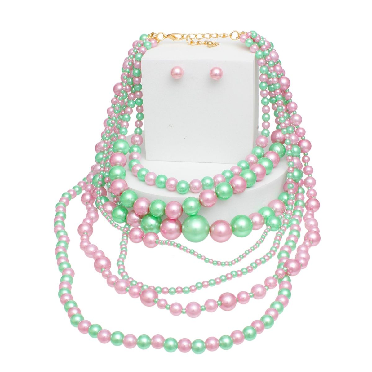 AKA Sorority Pink Green 7 Strand Pearl Necklace