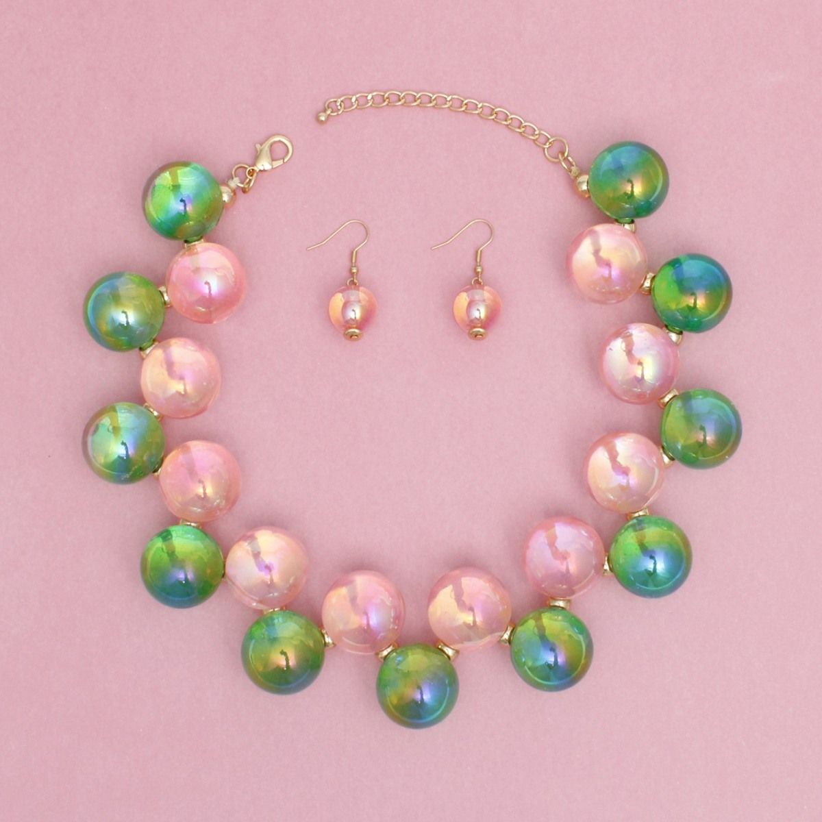Necklace Pink Green Iridescent Bubble Ball Bead