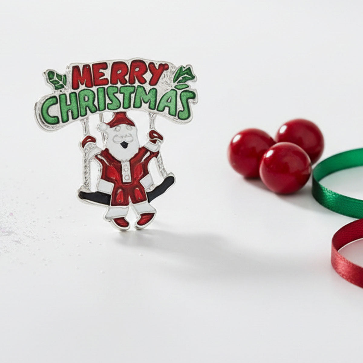 Brooch Merry Christmas Santa Swing Silver Pin