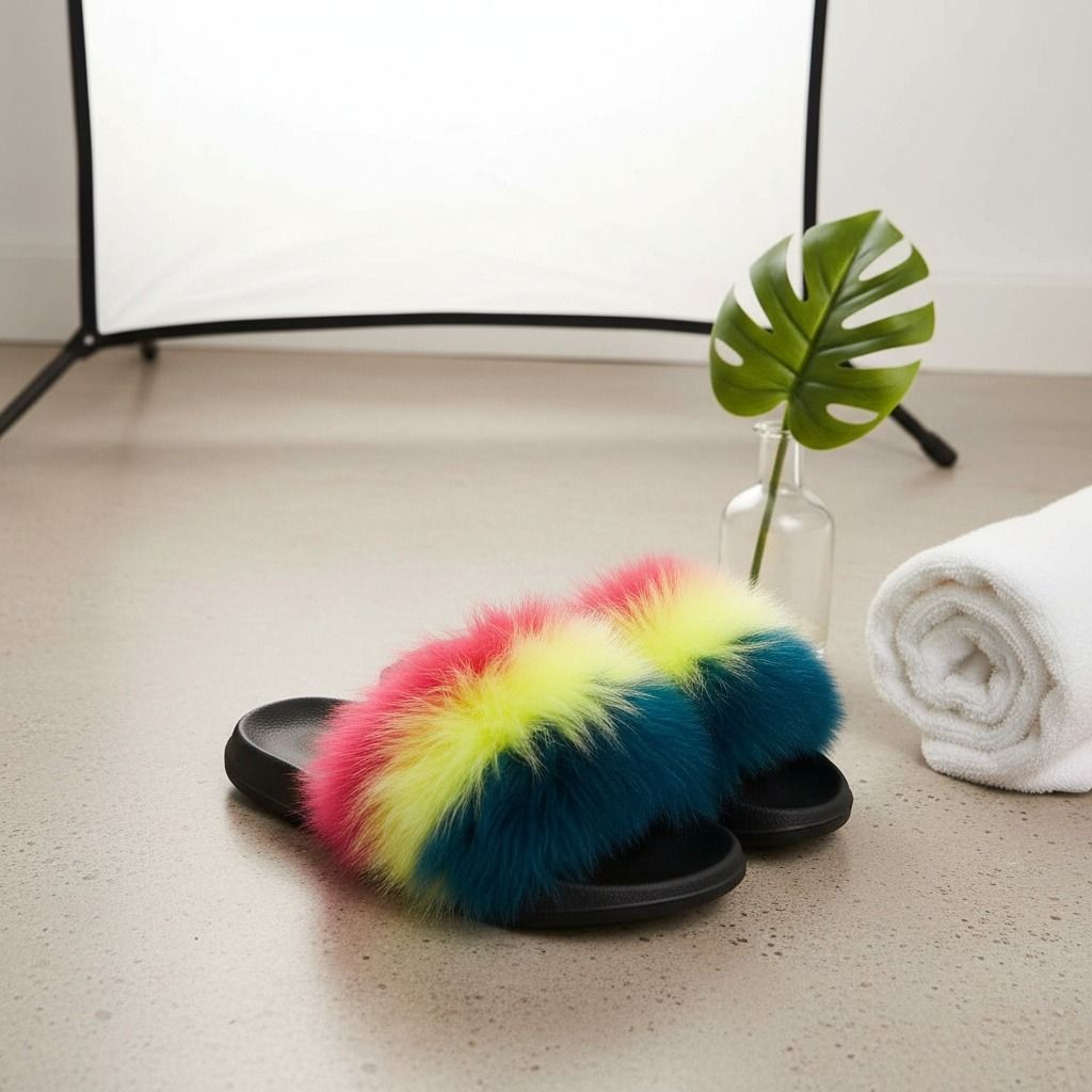 Coral to Green Fox Fur Large Slippers