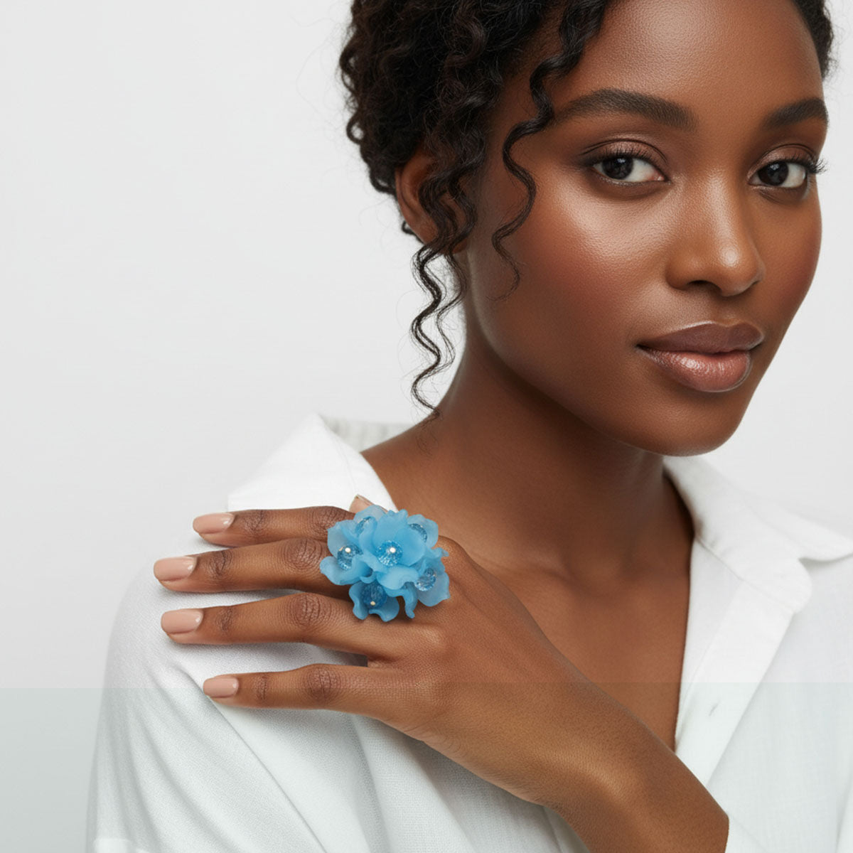 Cocktail Turquoise Sculpted Petal Bead Flower Ring