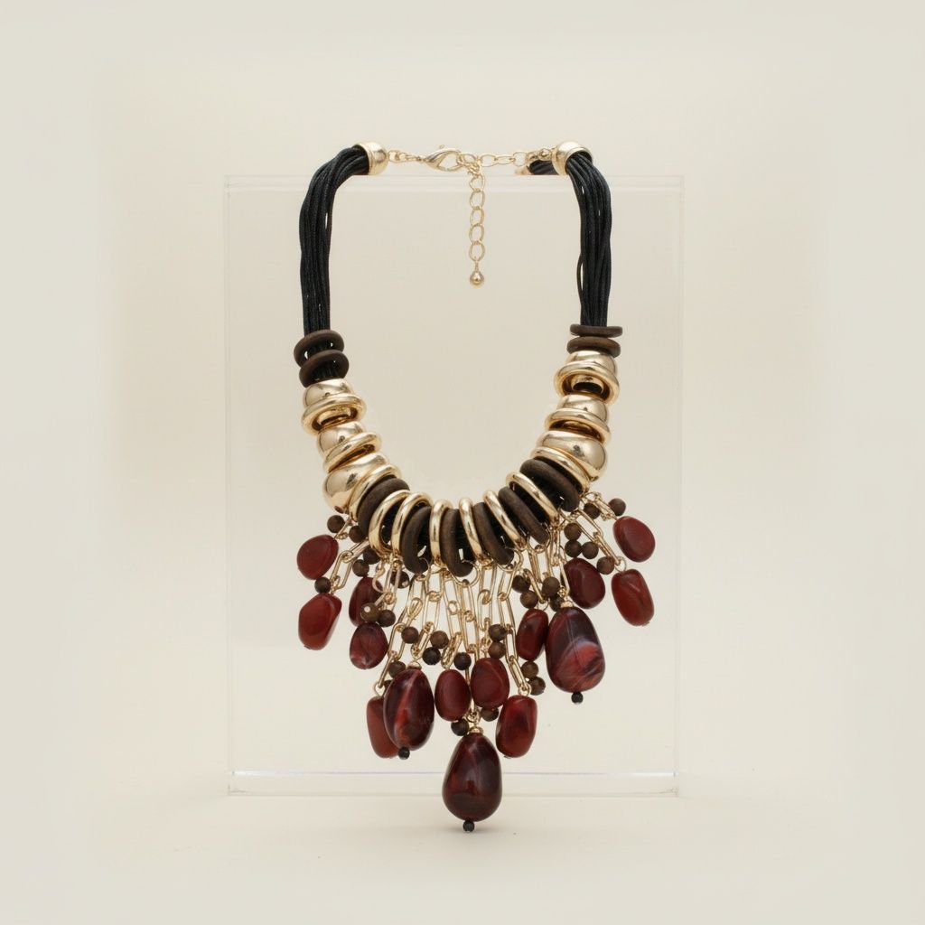Beaded Brown Stone Global Artisan Leather Necklace
