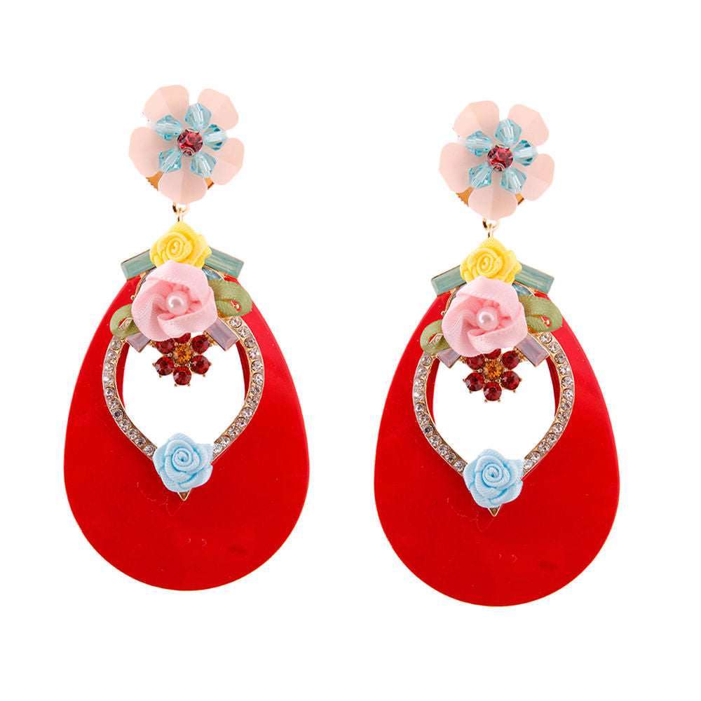 Red Teardrop Earrings - Rhinestone & Flower