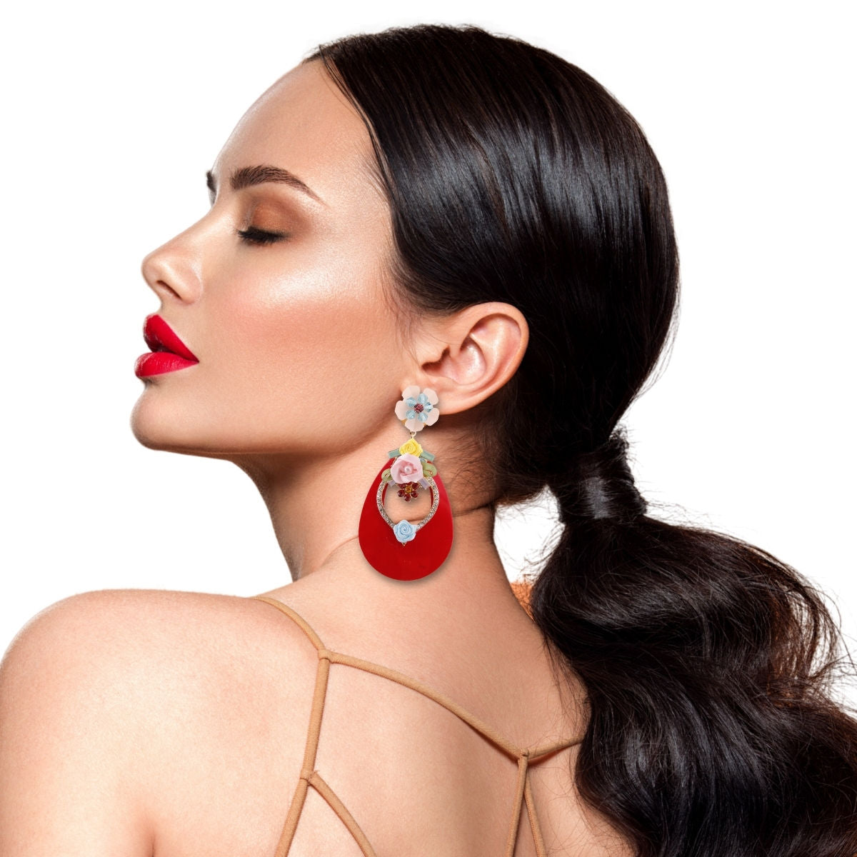 Red Teardrop Earrings - Rhinestone & Flower