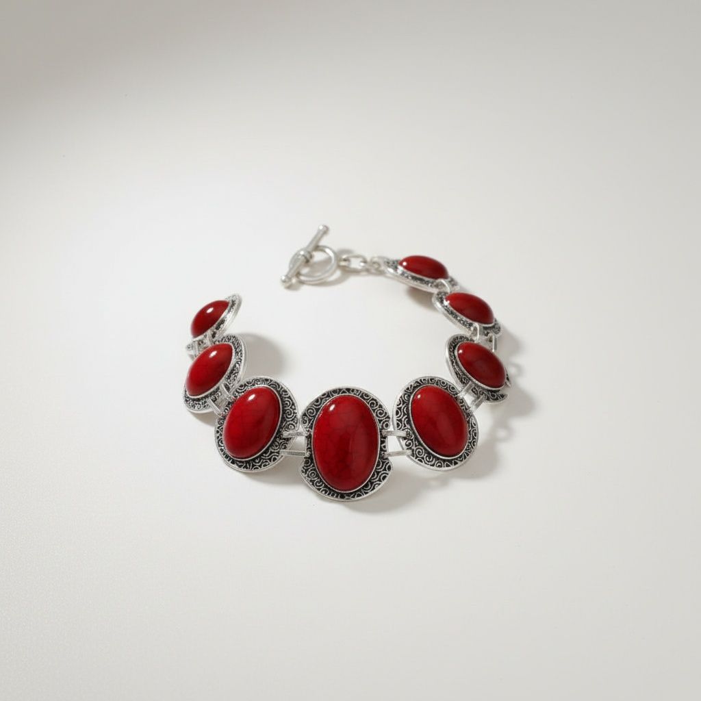 Linked Cracked Red Oval Burnished Silver Bracelet