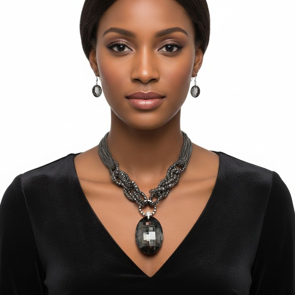 Pendant Black Oval Crystal Hematite Chain Necklace