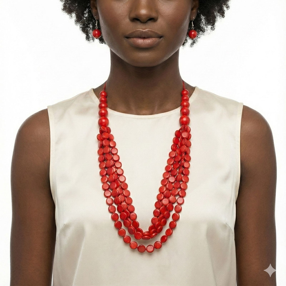 Beaded Long Red Marbled Disc Layer Toggle Necklace