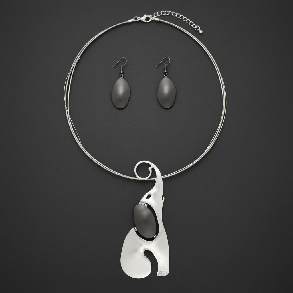 Abstract Silver Hematite Elephant Pendant Necklace