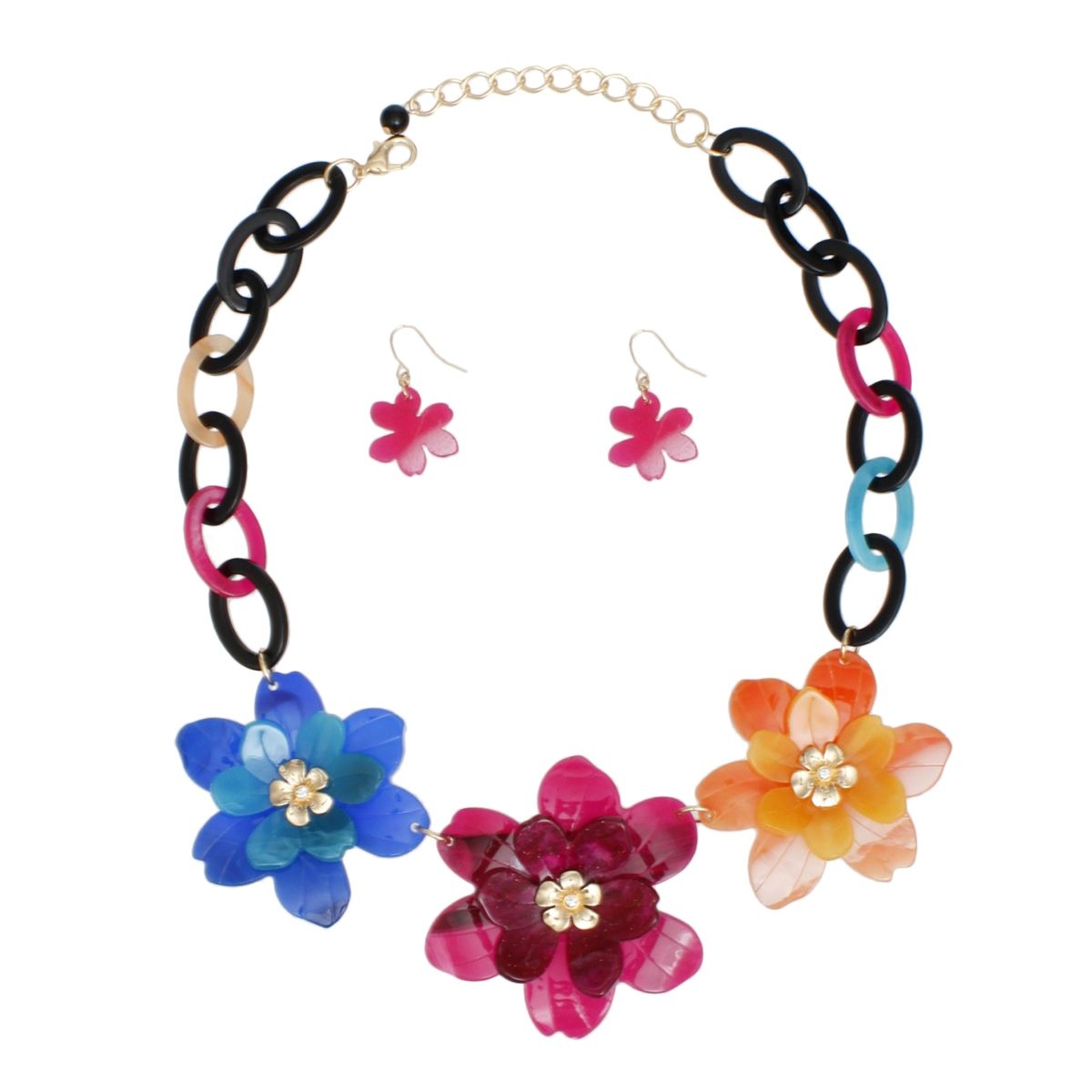 Collar Marbled Multicolor Links 3D Flower Necklace