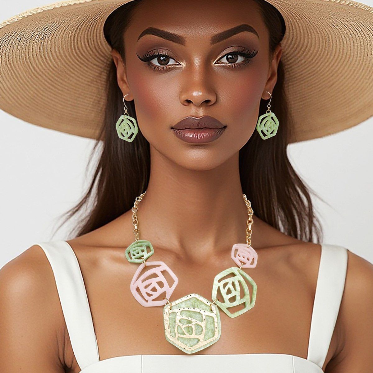 AKA Soror Collar Pink Green Roses Marbled Necklace