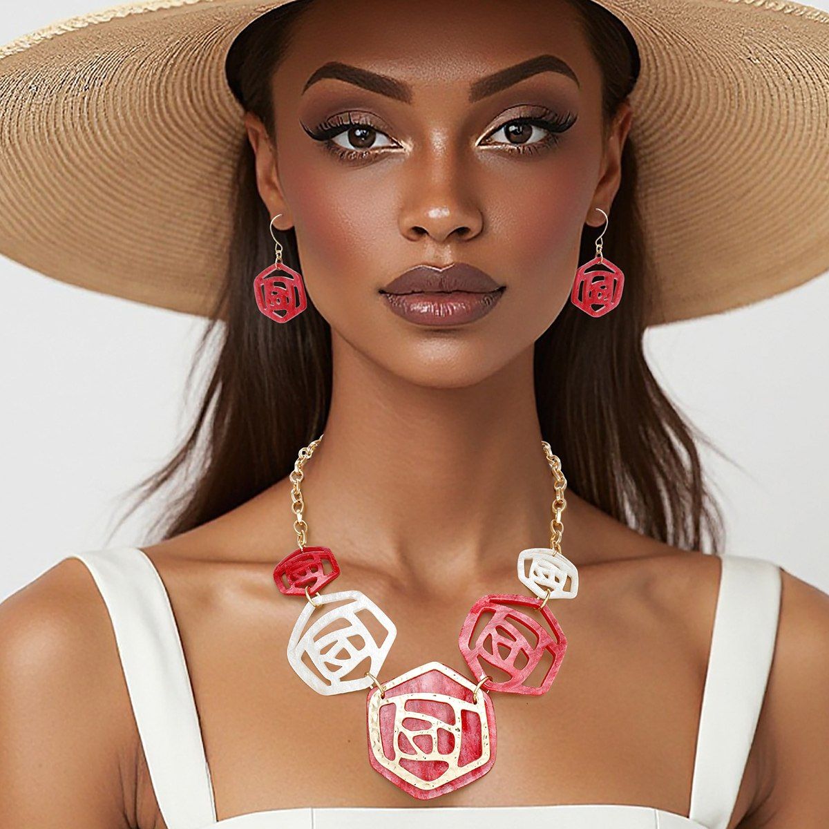 DST Soror Collar Red White Roses Marbled Necklace