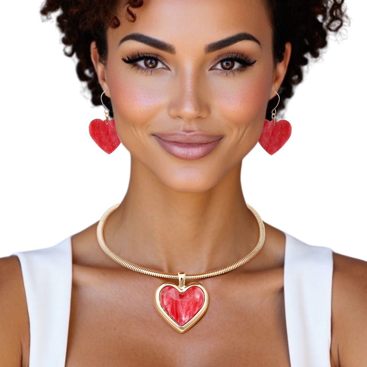 Pendant Gold Omega Chain Red Heart Set for Women
