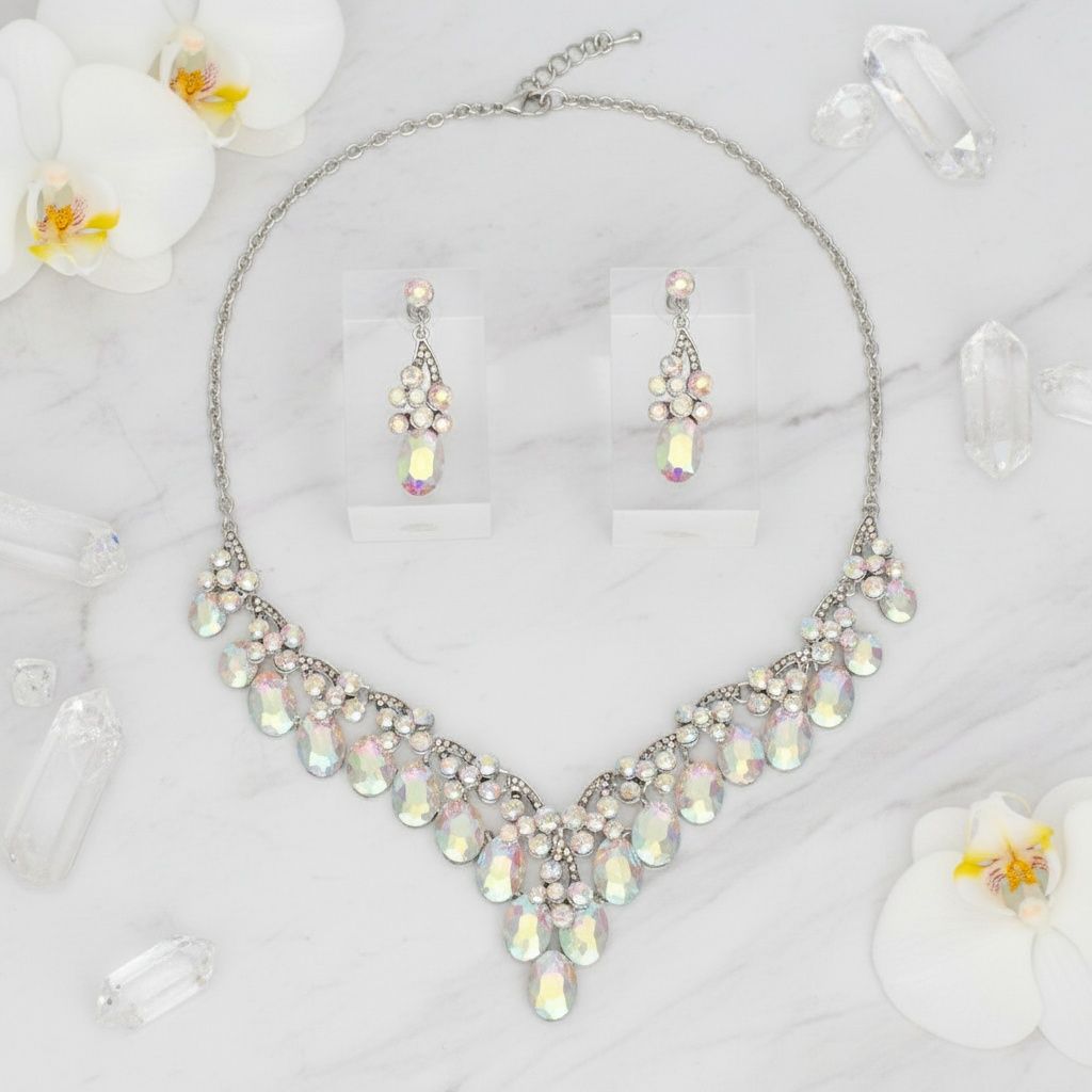 Collar Dramatic Silver Oval Aurbo Crystal Necklace