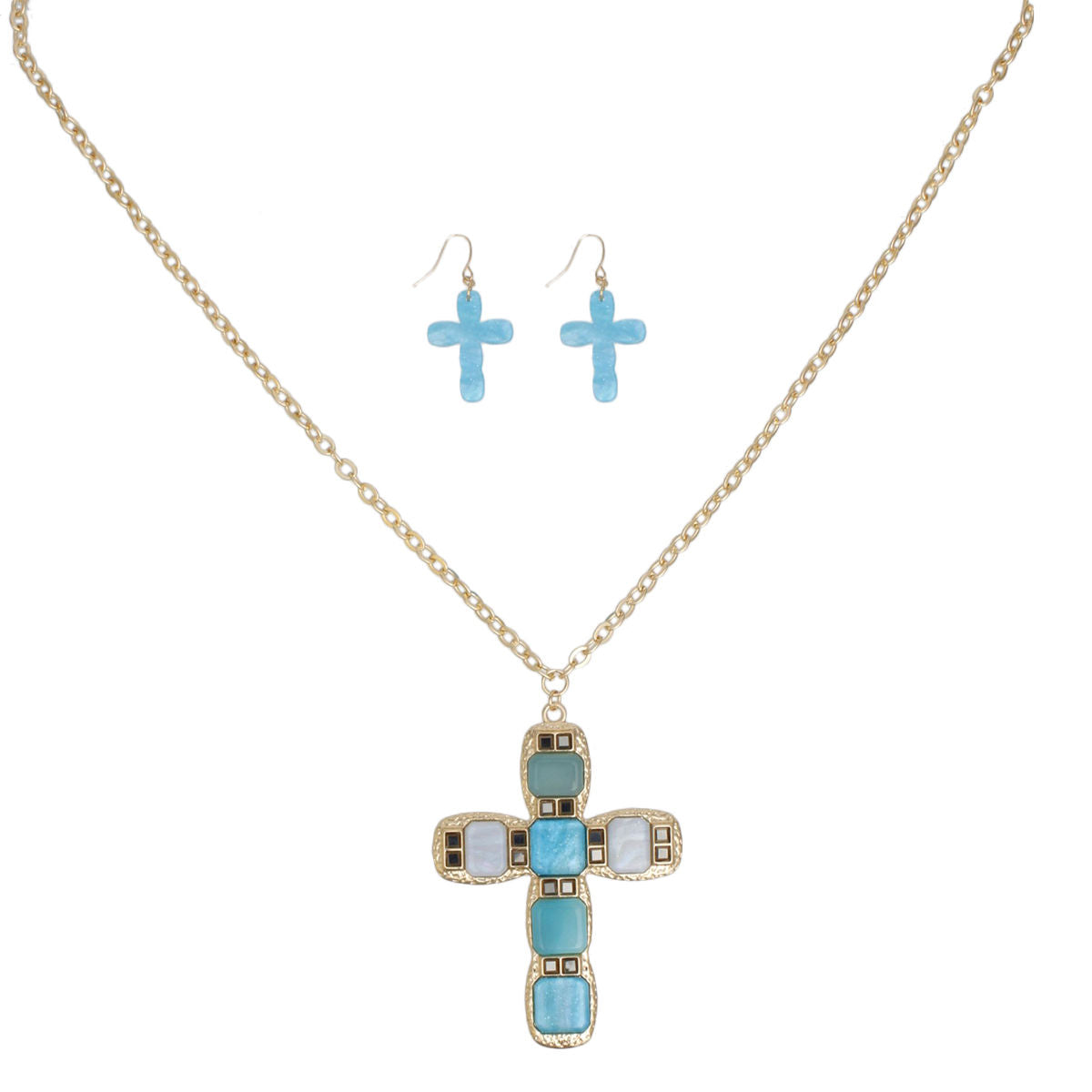 Pendant Blue Cross Long Gold Chain Necklace