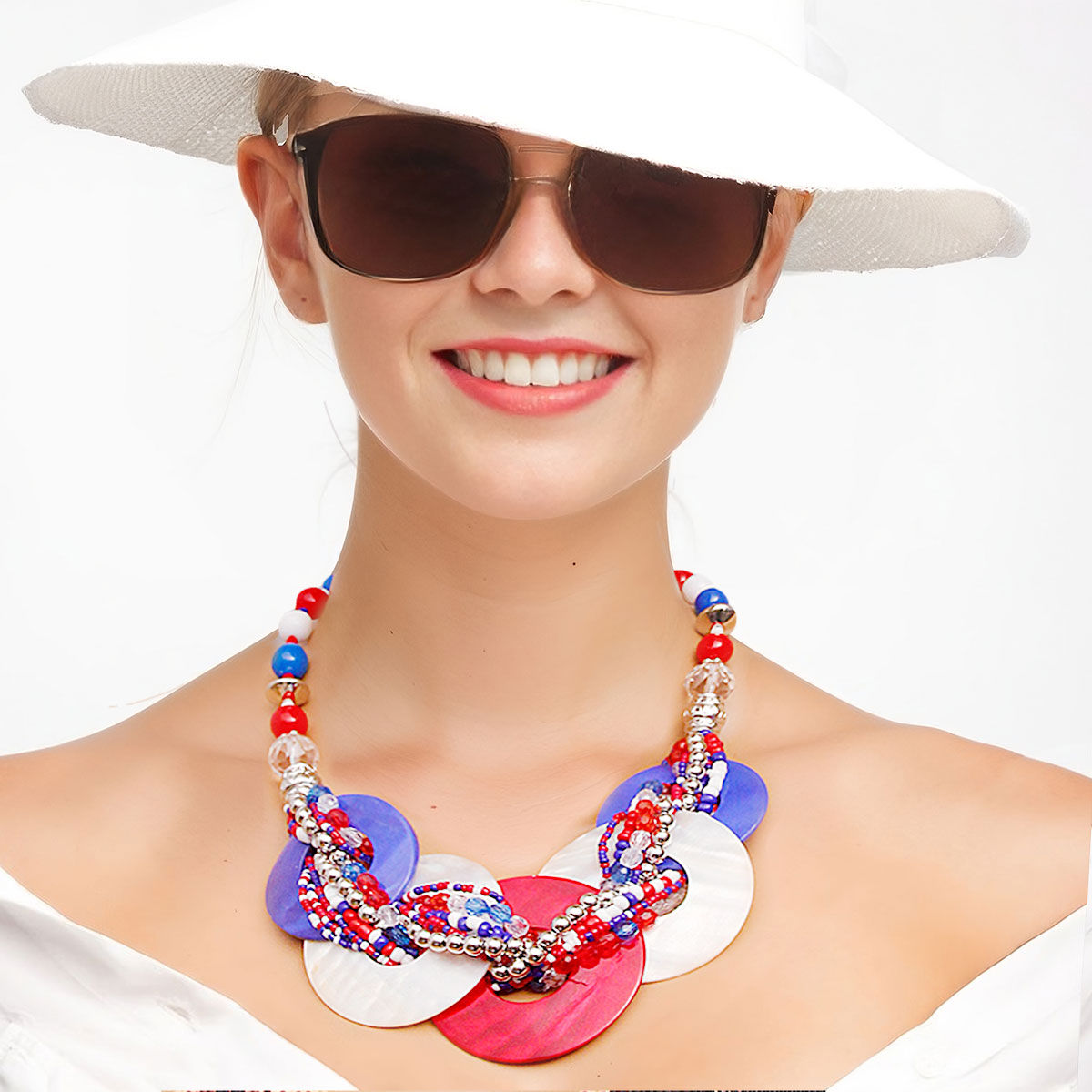 Patriotic Beaded Shell Disc Necklace