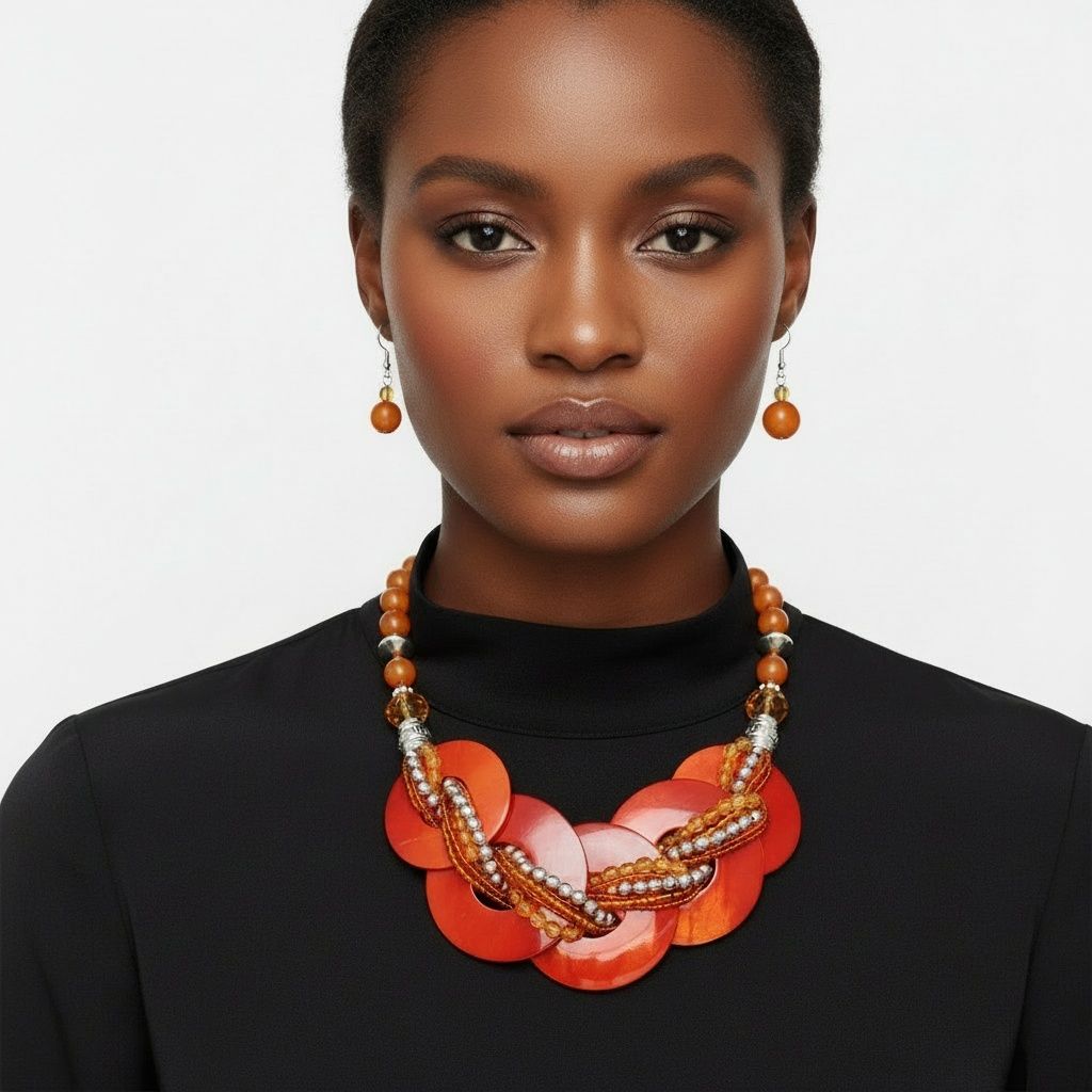 Collar Orange Shell Disc Beaded Necklace for Women
