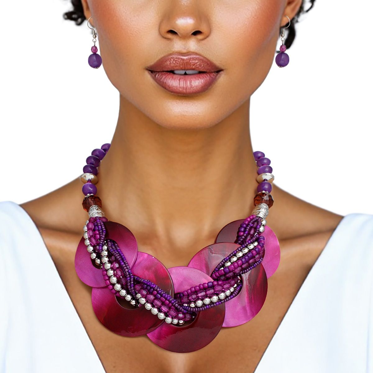 Collar Purple Shell Disc Beaded Necklace for Women