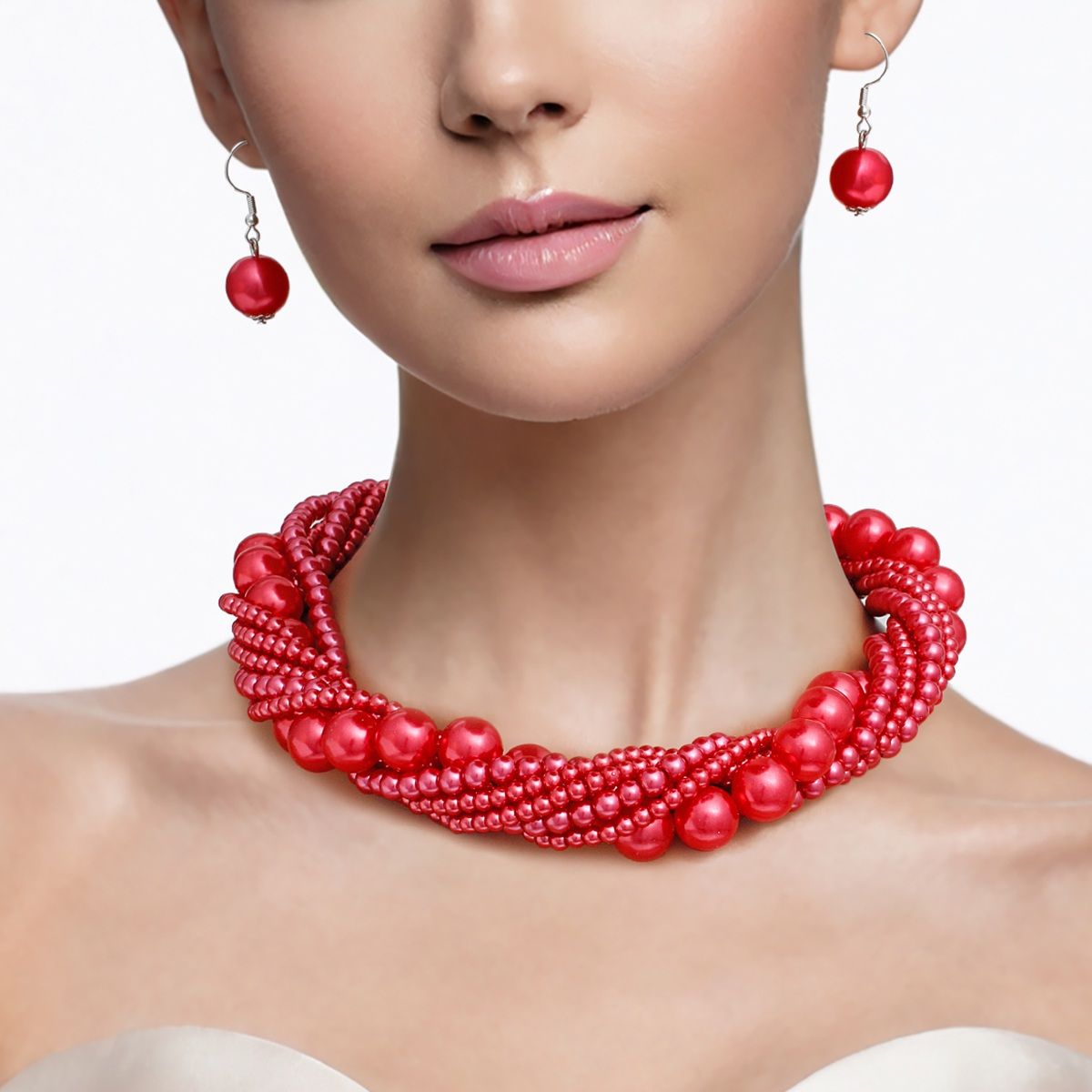 Choker Twisted Red Pearl 7 Strand Necklace