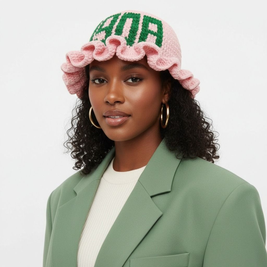 AKA Sorority Pink Crochet Ruffle 1908 Bucket Hat
