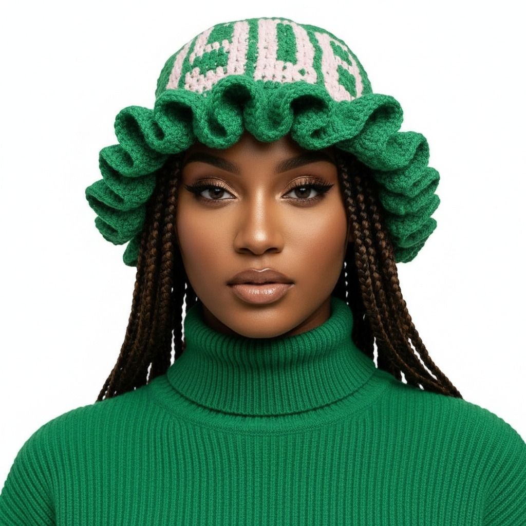 AKA Sorority Green Crochet Ruffle 1908 Bucket Hat