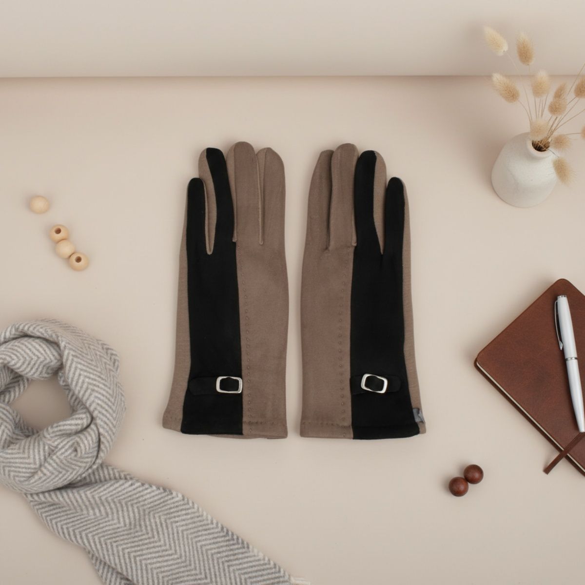 Black Taupe Faux Suede Touchscreen Winter Gloves