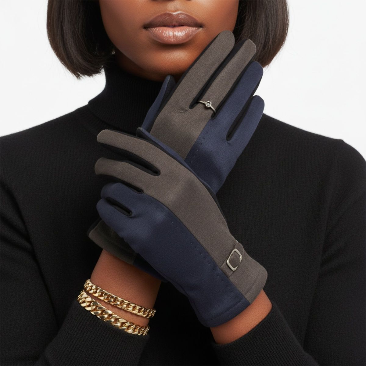Navy Black Faux Suede Touchscreen Winter Gloves