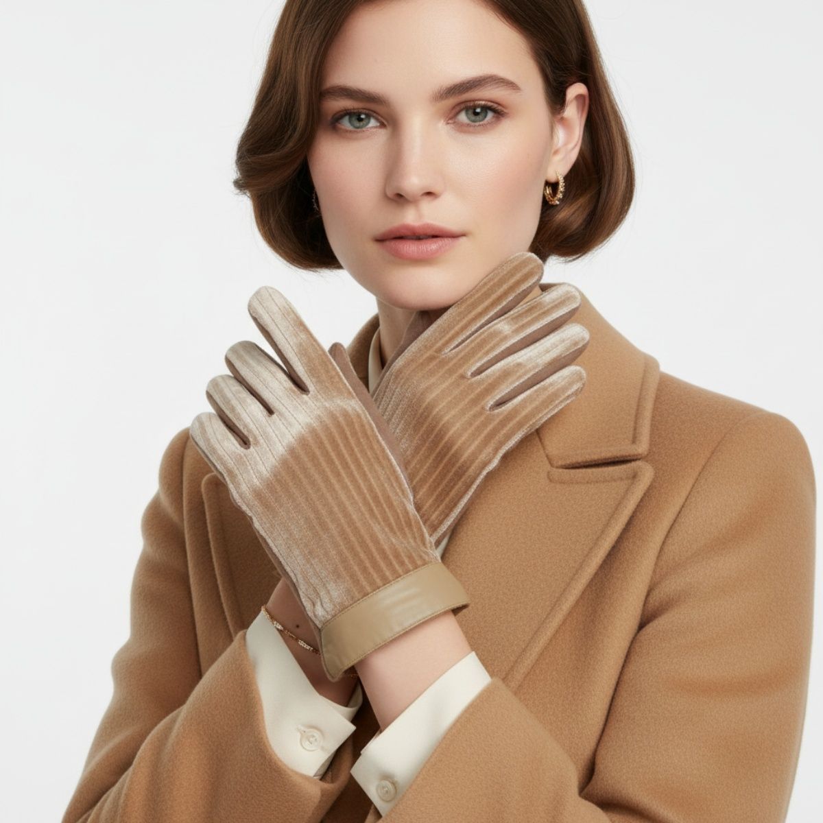 Beige Fur Stripe Leather Touchscreen Winter Gloves