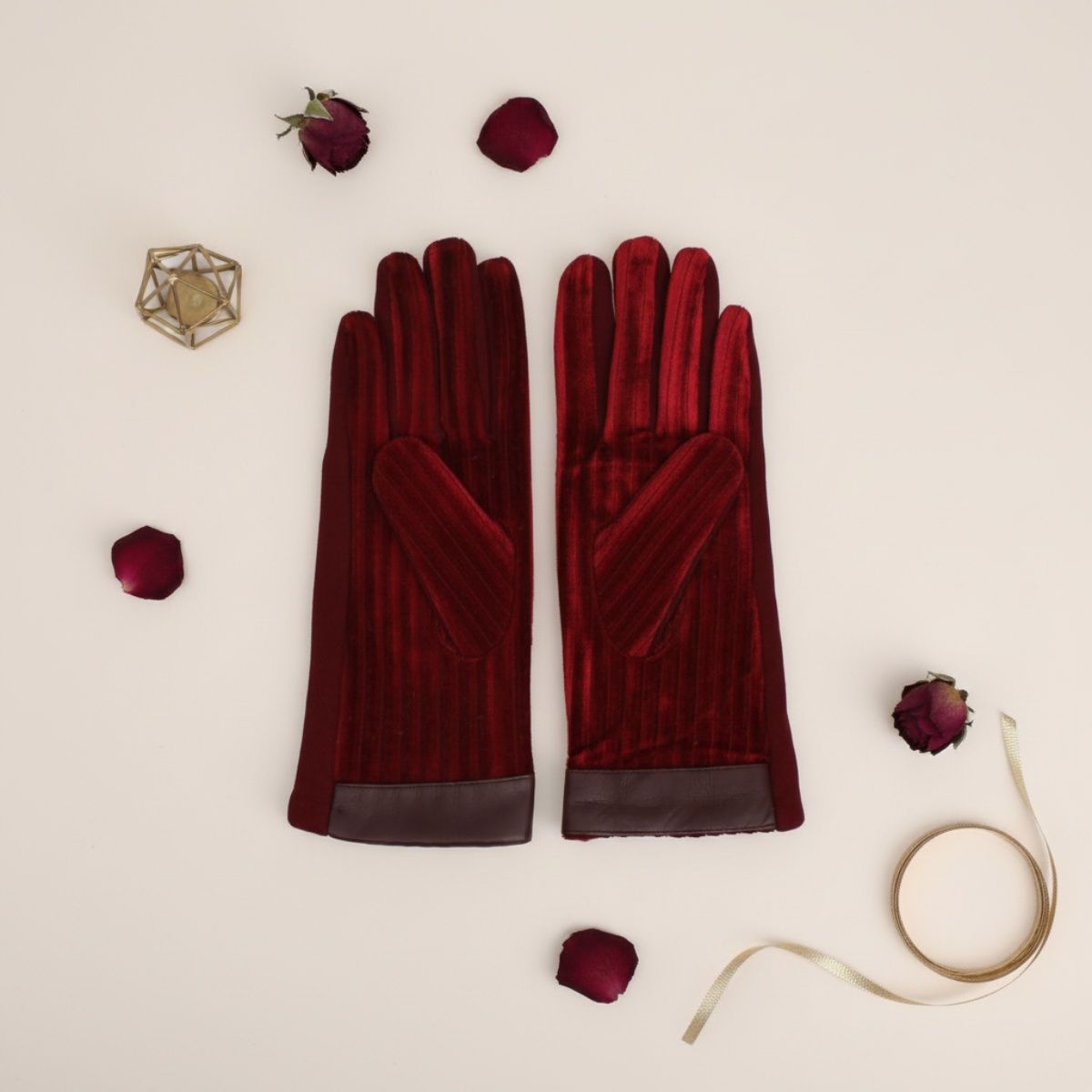 Wine Fur Stripe Leather Touchscreen Winter Gloves