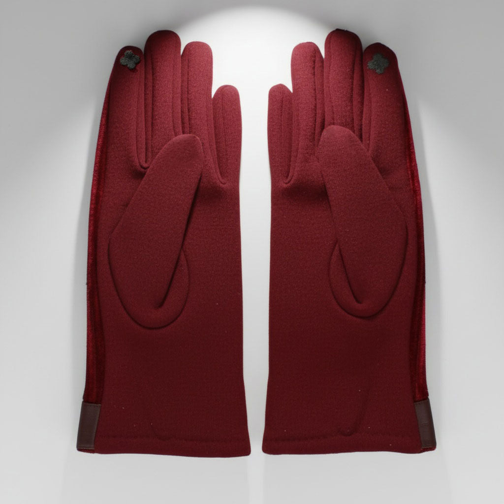 Wine Fur Stripe Leather Touchscreen Winter Gloves