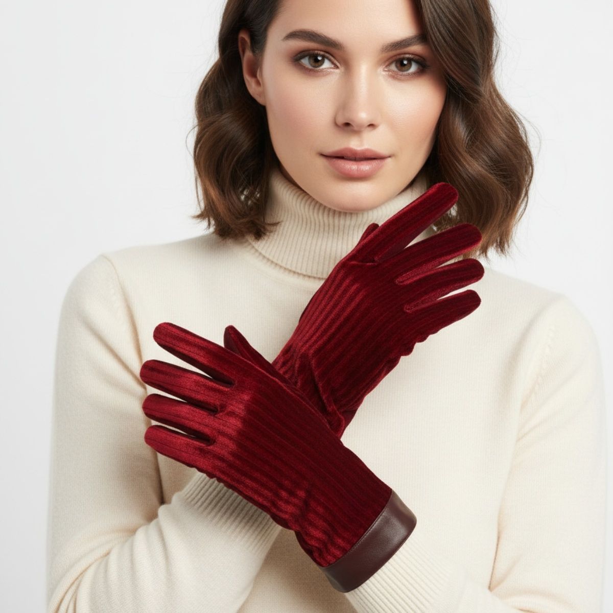 Wine Fur Stripe Leather Touchscreen Winter Gloves