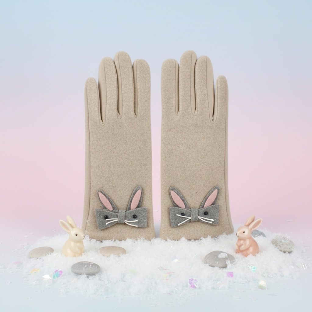 Beige Woolen Cute Rabbit Touchscreen Winter Gloves