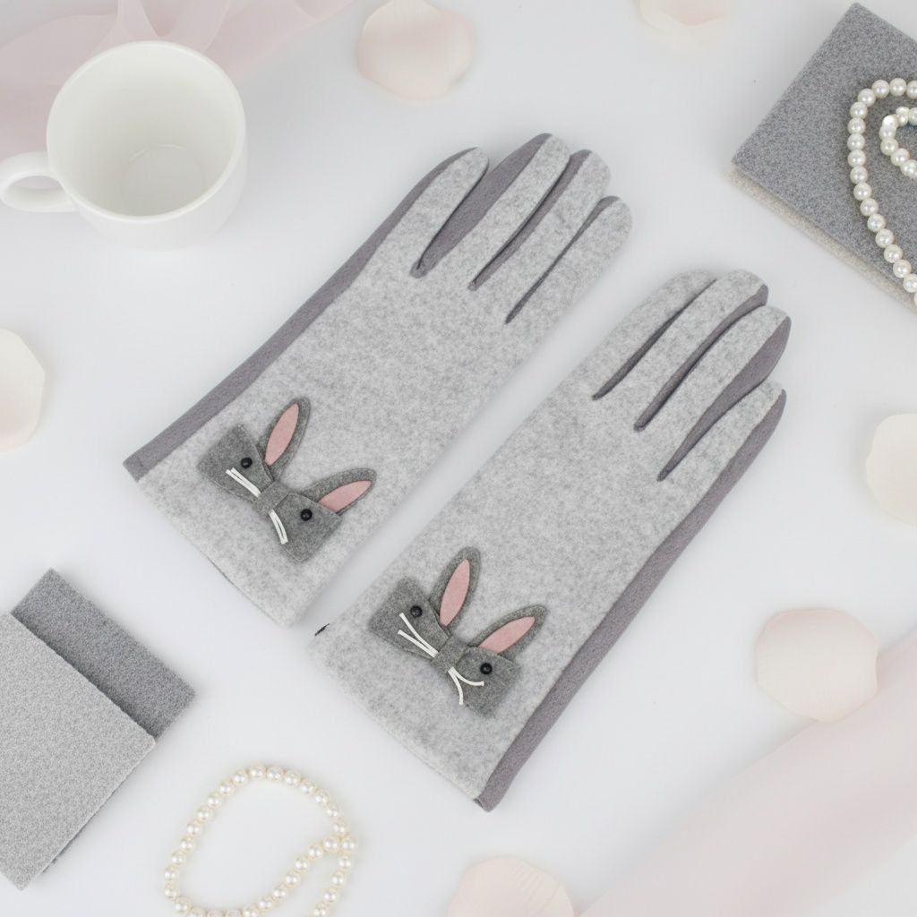 Gray Woolen Cute Rabbit Touchscreen Winter Gloves