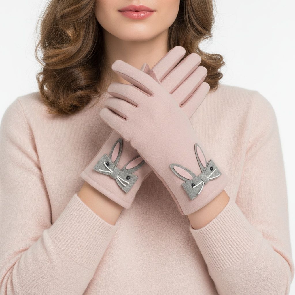 Pink Woolen Cute Rabbit Touchscreen Winter Gloves