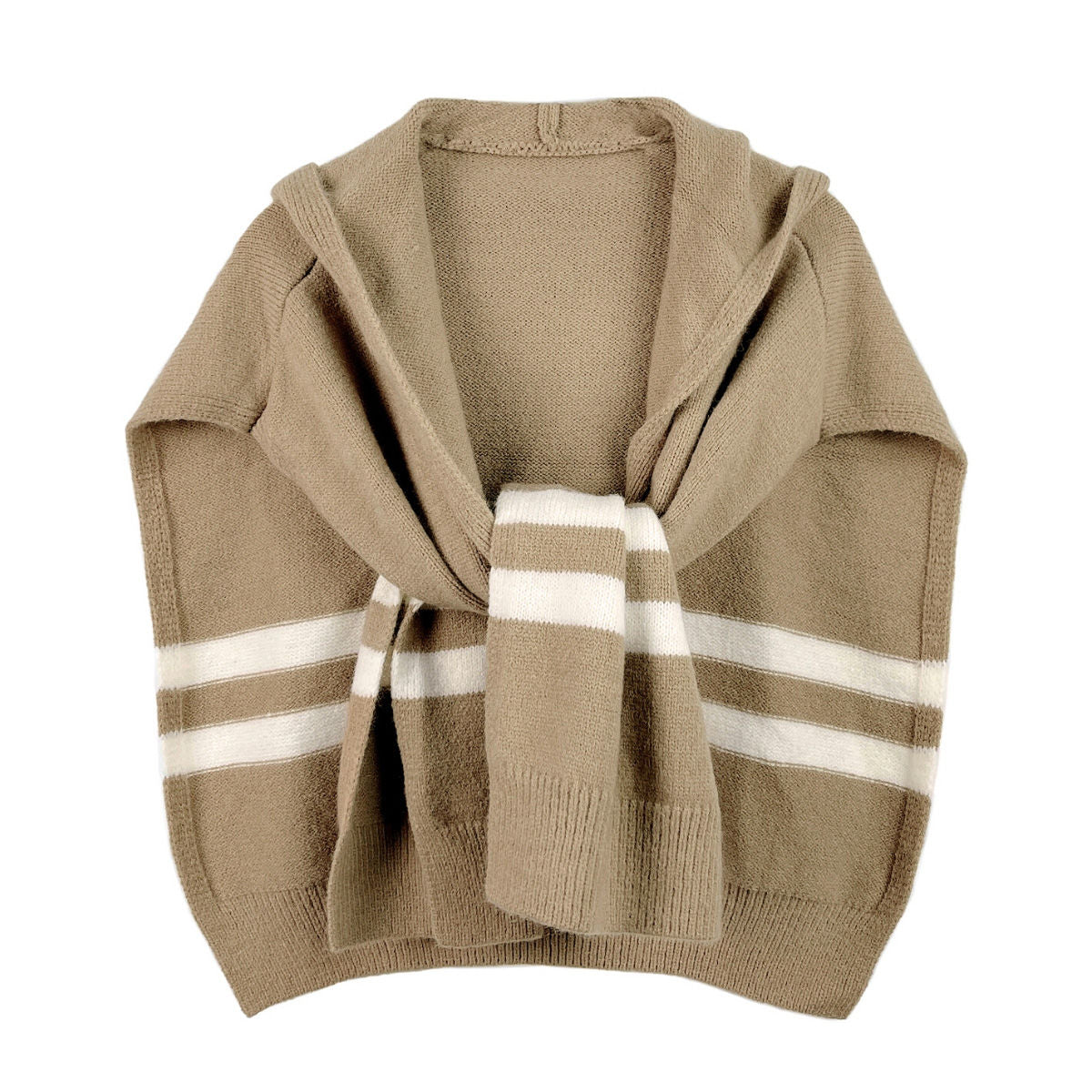 Camel Hooded Knit Tied Shoulder Sweater